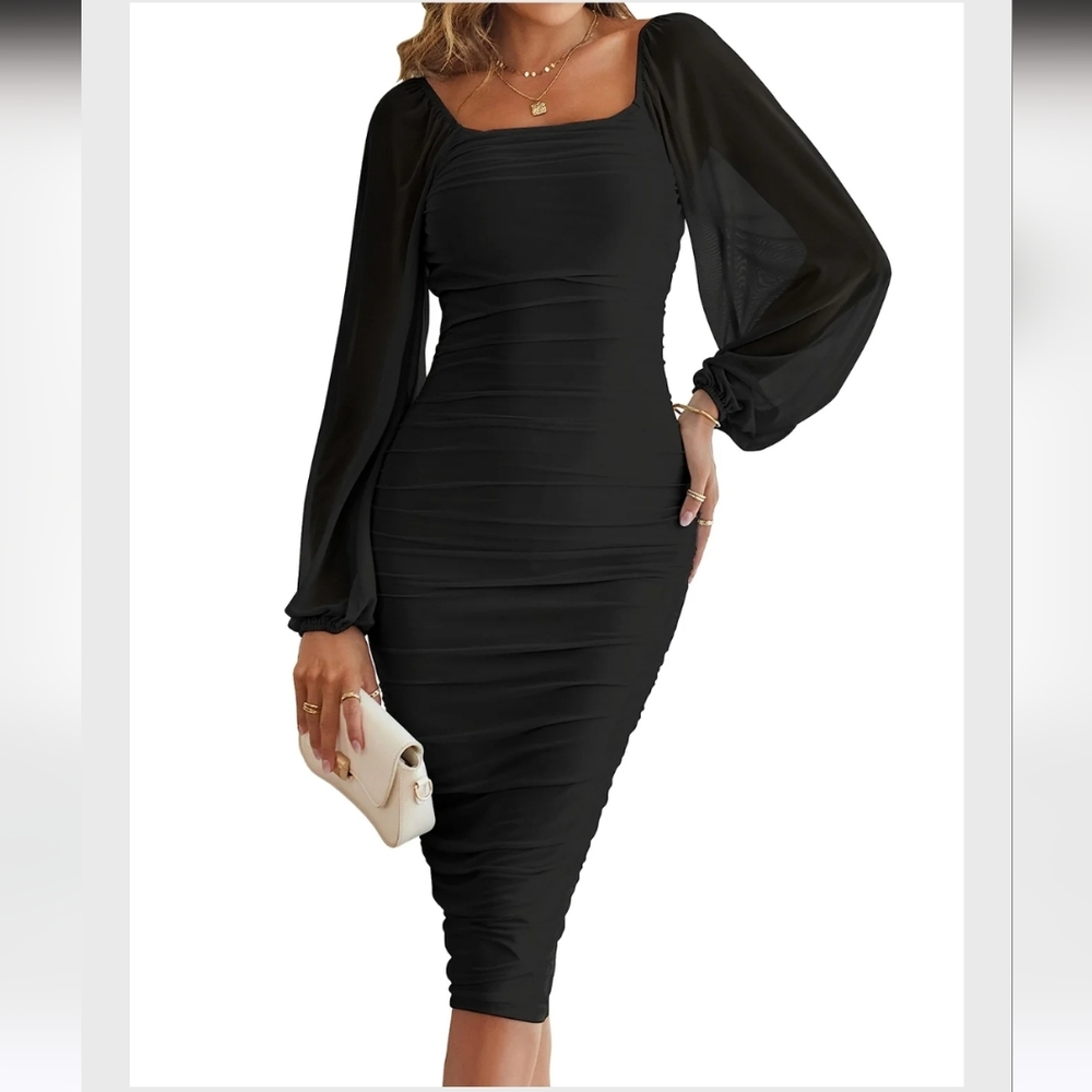 MAROKEETY Elegant Black Long Sleeve Rush Fitted Midi Dress XL
